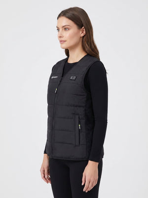 Women's black V Neck Heated Gilet side view wearing a long sleeve top