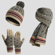 Womens Beige Knitted Beanie, Scarf and Gloves Set