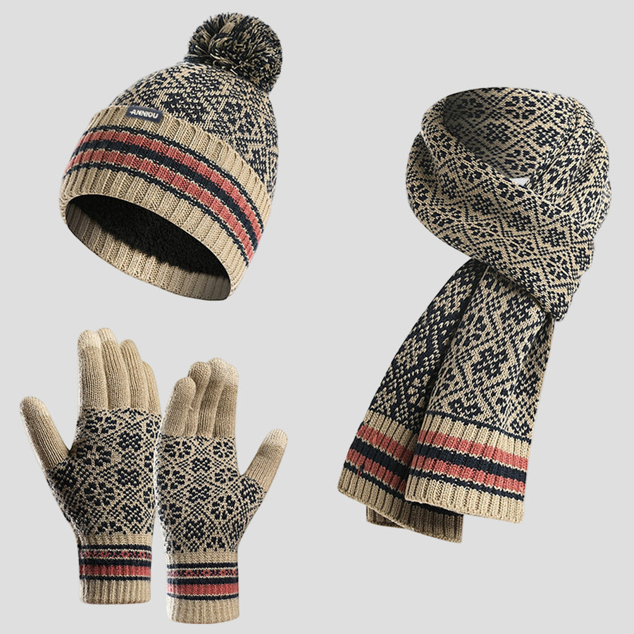 Womens Beige Knitted Beanie, Scarf and Gloves Set