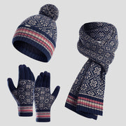 Womens Navy and Pink Knitted Beanie, Scarf and Gloves Set