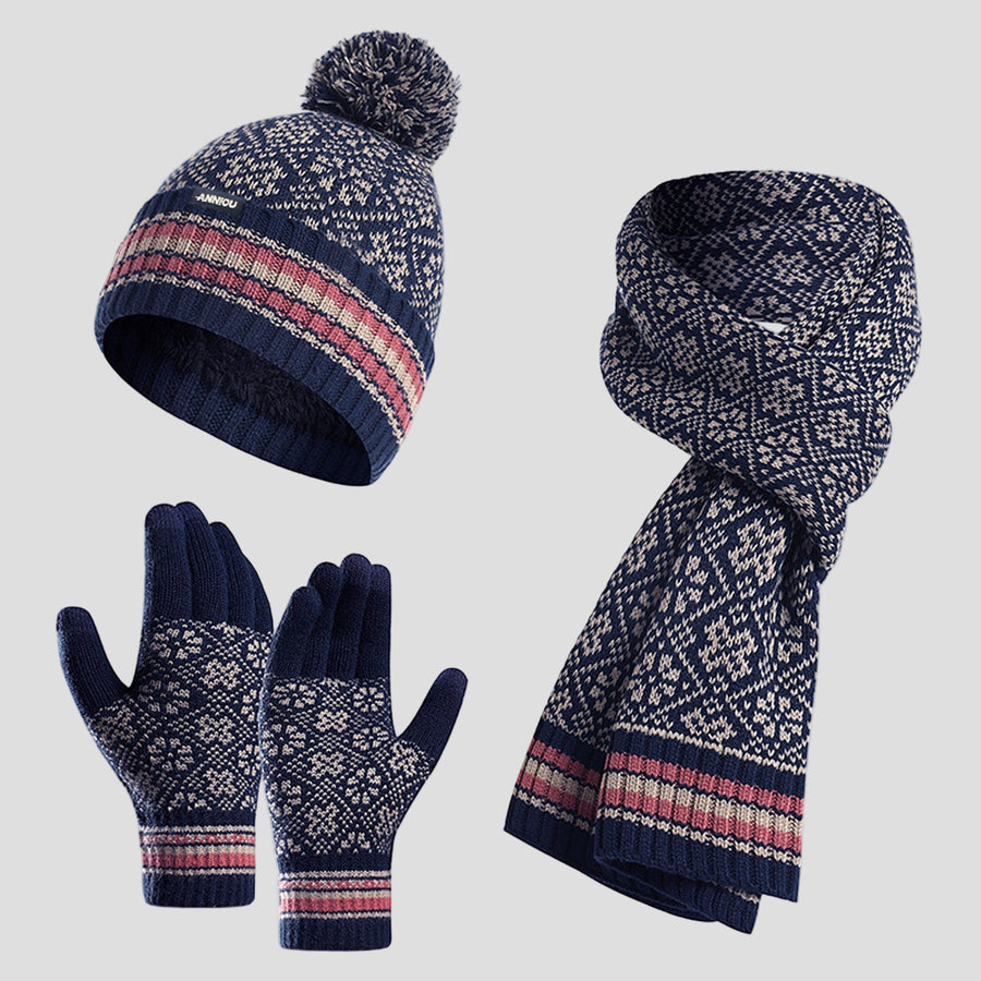 Womens Navy and Pink Knitted Beanie, Scarf and Gloves Set