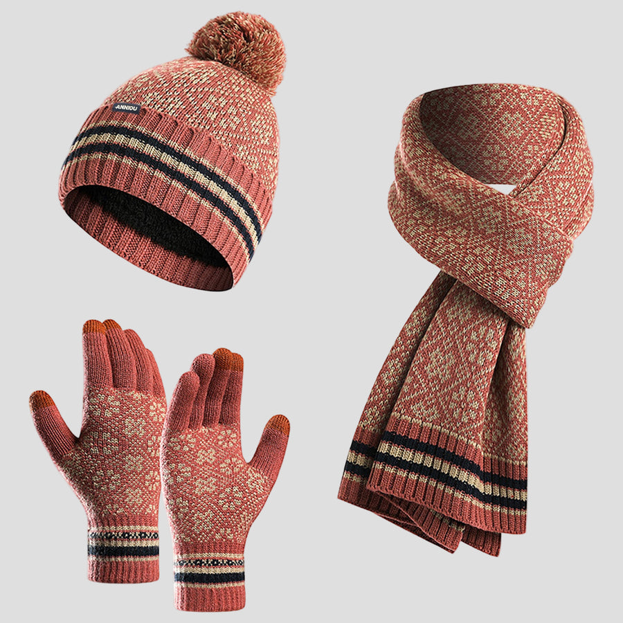 Womens Red Knitted Beanie, Scarf and Gloves Set