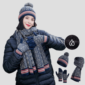Womens navy blue Knitted Beanie, Scarf and Gloves Set