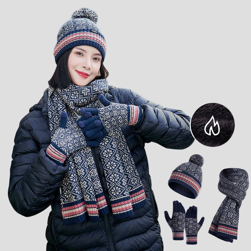 Womens navy blue Knitted Beanie, Scarf and Gloves Set