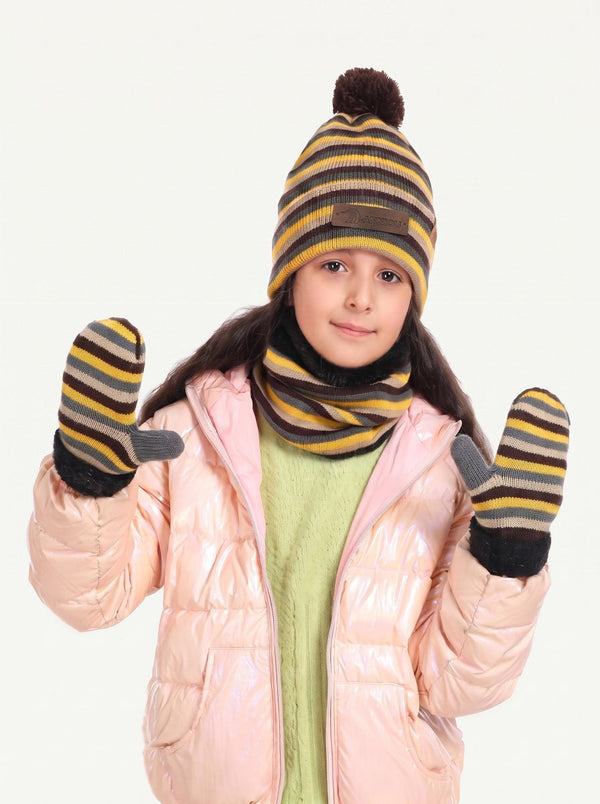 #Yellow  Kids Striped Knit Hat Scarf Mittens  Set
