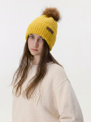 #Yellow Women Cashmere Blend Pom Knit Beanie Hat