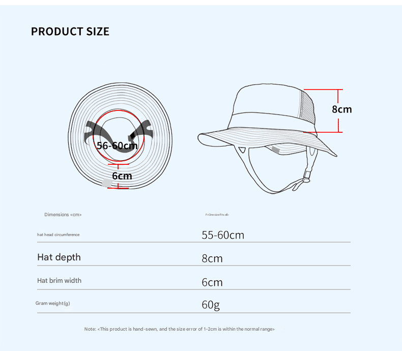 Adjustable Bucket Hat UPF 50+ size guide