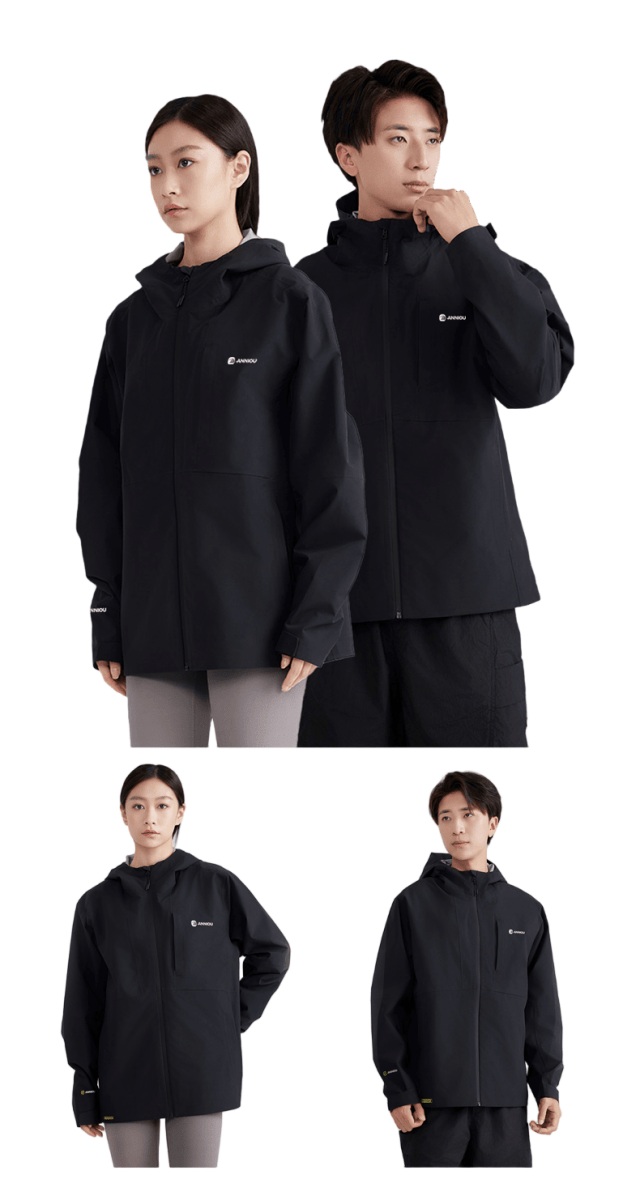 man and woman wearing a Seamless Hardshell Hooded Jacket in black by Anniou