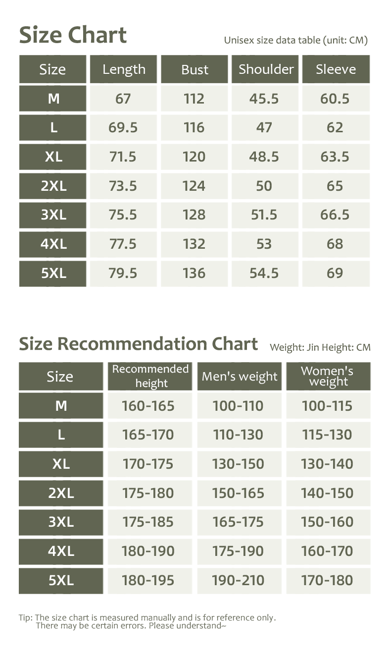 Seamless Hardshell Hooded Jacket size guide for weight and height