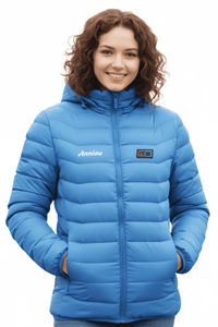 Woman wearing a blue heated puffer jacket with a Anniou logo on a white background