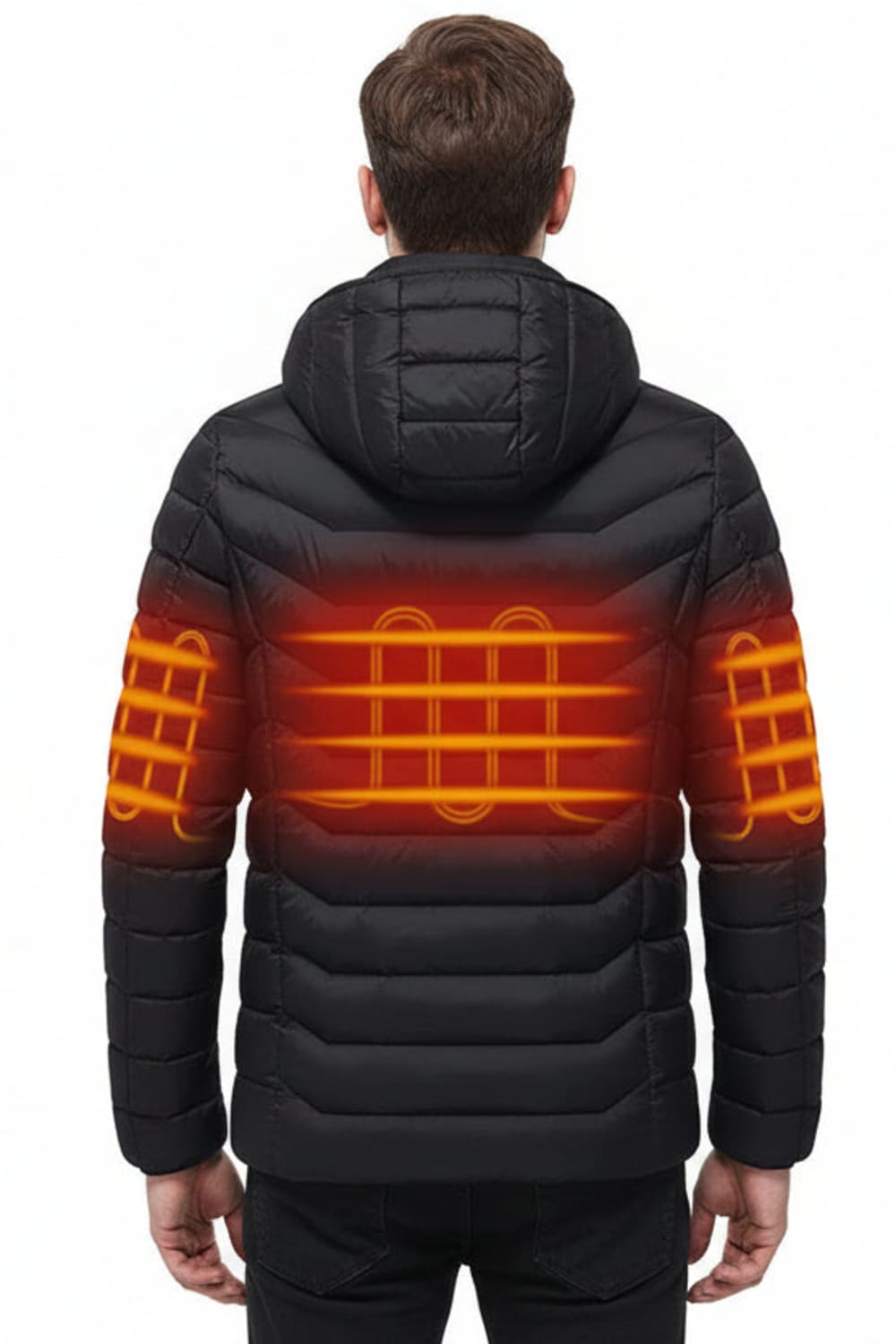 Black heated jacket with glowing orange heating elements on a white background