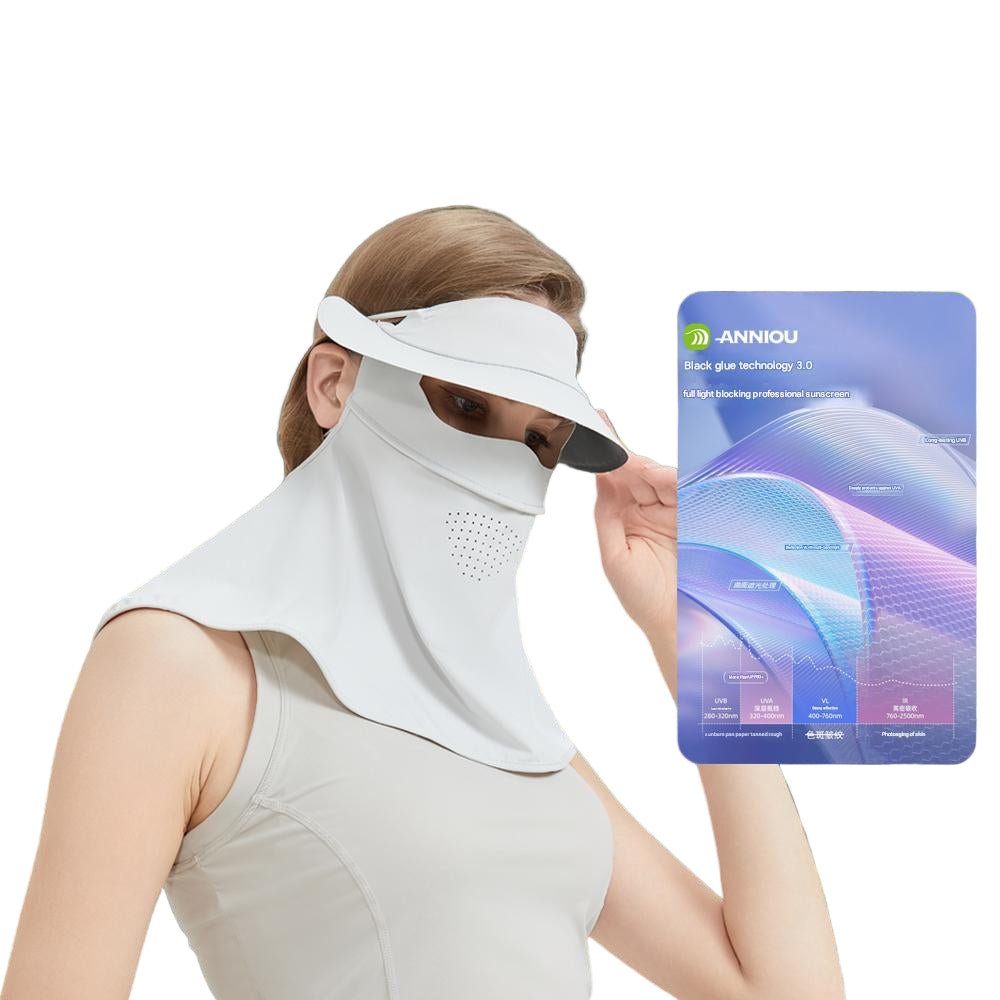 Person wearing a white sun visor and neck gaiter with a product packaging labeled 'ANNIOU' on a white background.