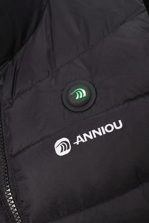 Close-up of a black puffer jacket showing a circular black control button with a glowing green wave icon and the white ANNIOU brand logo printed below it.