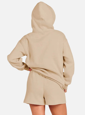 #apricot Casual Hoodie & Shorts Set of back view