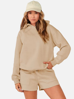 #apricot Womens Casual Hoodie & Shorts Set