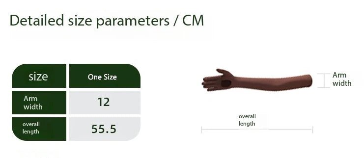 Size chart for a product with arm width and overall length measurements in centimeters.