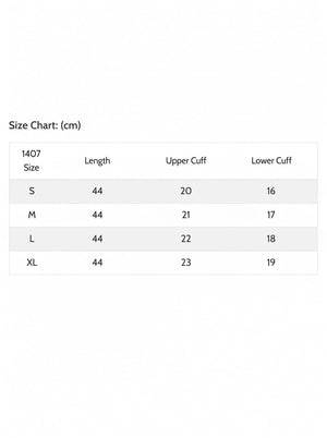 A size chart table in centimeters showing measurements for sizes S, M, L, and XL, with columns for 1407 Size, Length, Upper Cuff, and Lower Cuff.