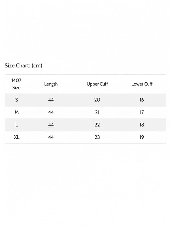 A size chart table in centimeters showing measurements for sizes S, M, L, and XL, with columns for 1407 Size, Length, Upper Cuff, and Lower Cuff.