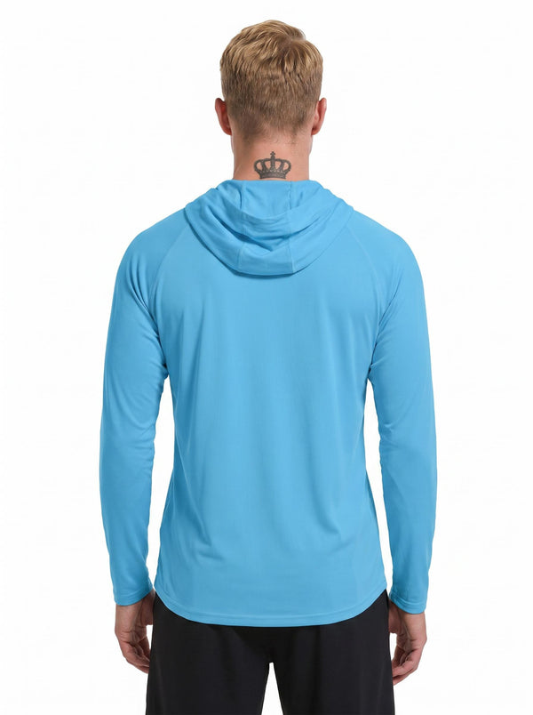 Back view studio shot of a male model against a plain white background. He wears a #blue hooded long-sleeve performance sun shirt with raglan sleeves and a shaped curved hem.