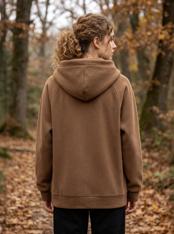 back of #brown womens Fleece Zip Up Hoodie