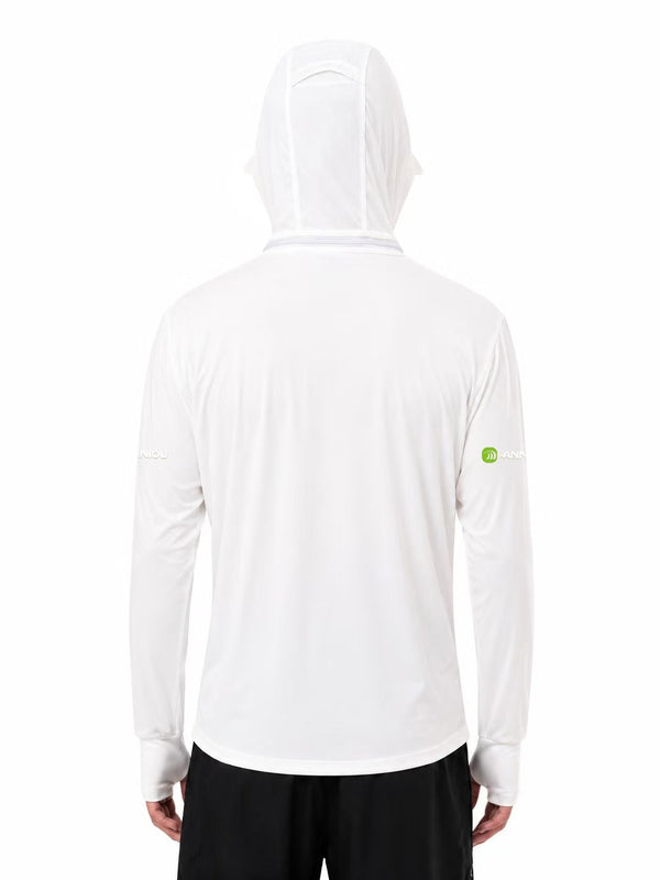 A person shown from the back wearing a white hooded long-sleeve athletic shirt and black shorts against a plain white background.