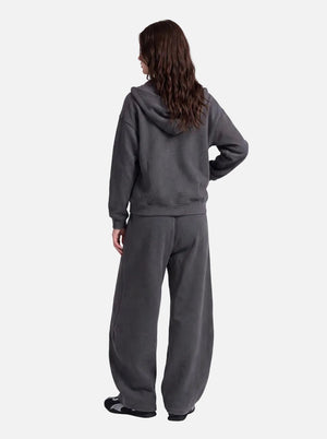 back view of #Darkgrey Waffle Zip Up Hoodie