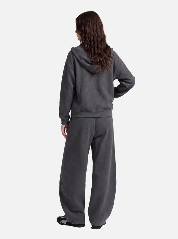 back view of #Darkgrey Waffle Zip Up Hoodie