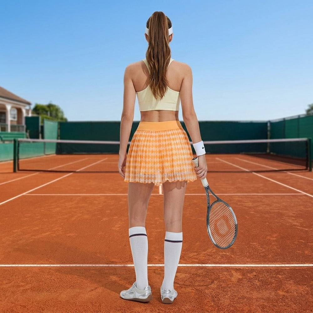 back view of diamond mesh tennis skirt