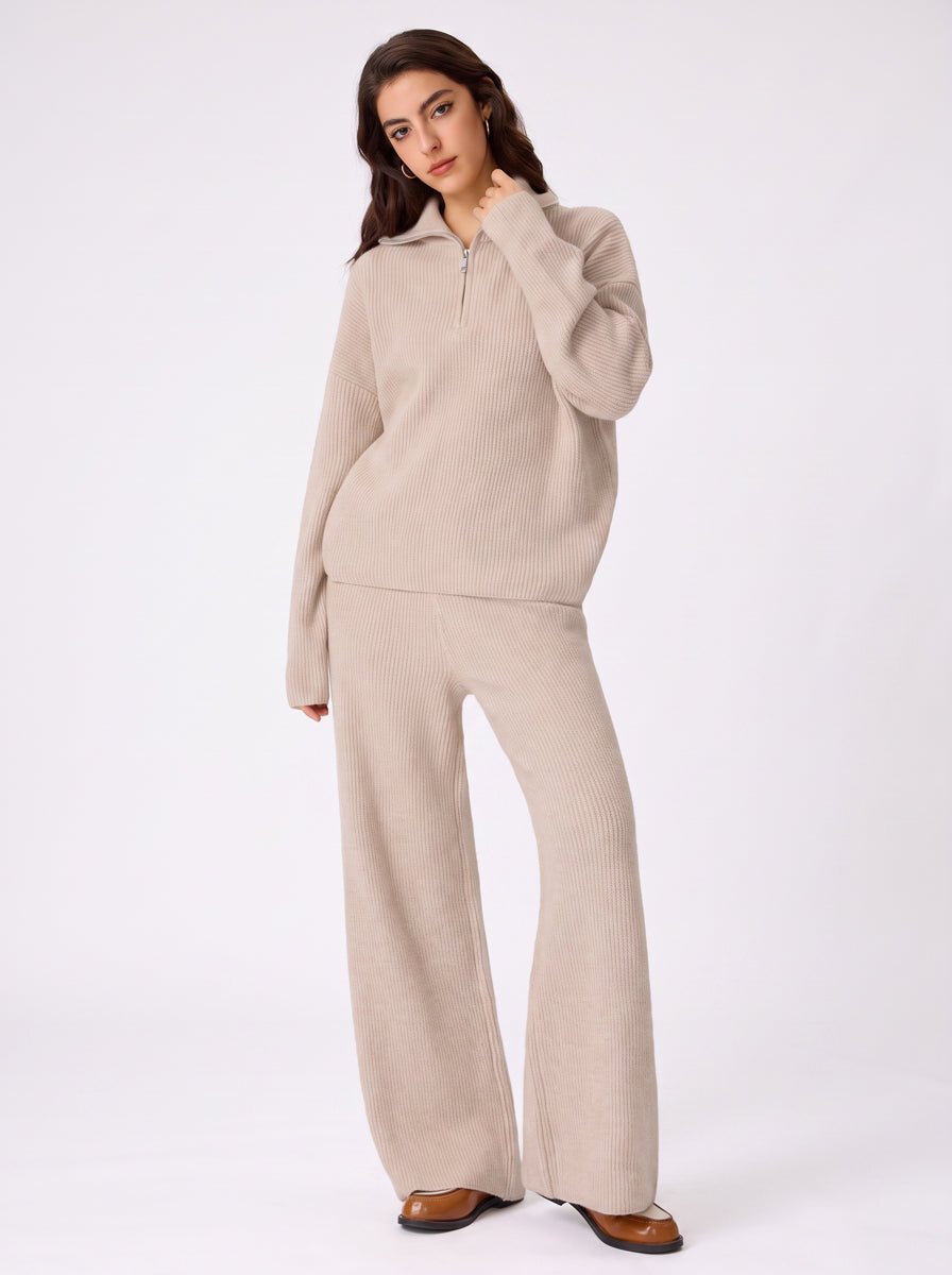 #beige Ribbed Half Zip Sweater Set