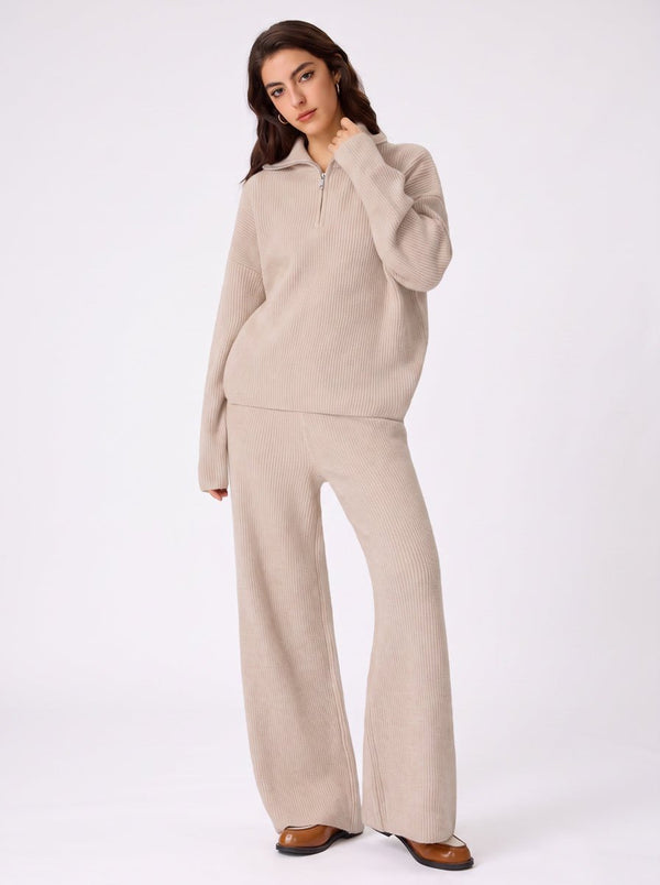 #beige Ribbed Half Zip Sweater Set