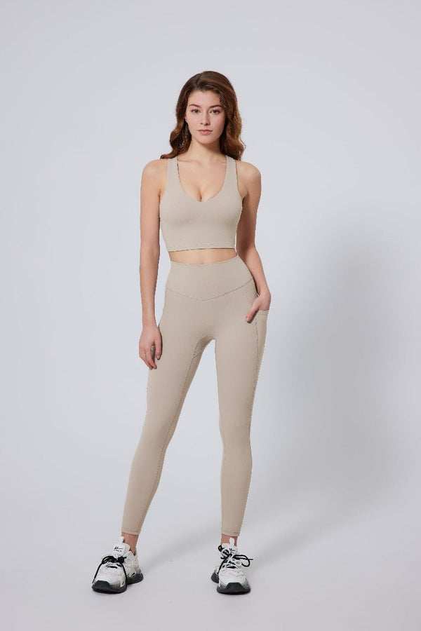 #beige high waisted peach hip yoga leggings and sports vest