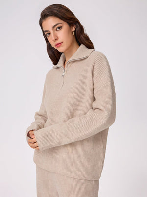 #beige rib knit sweater and pants set