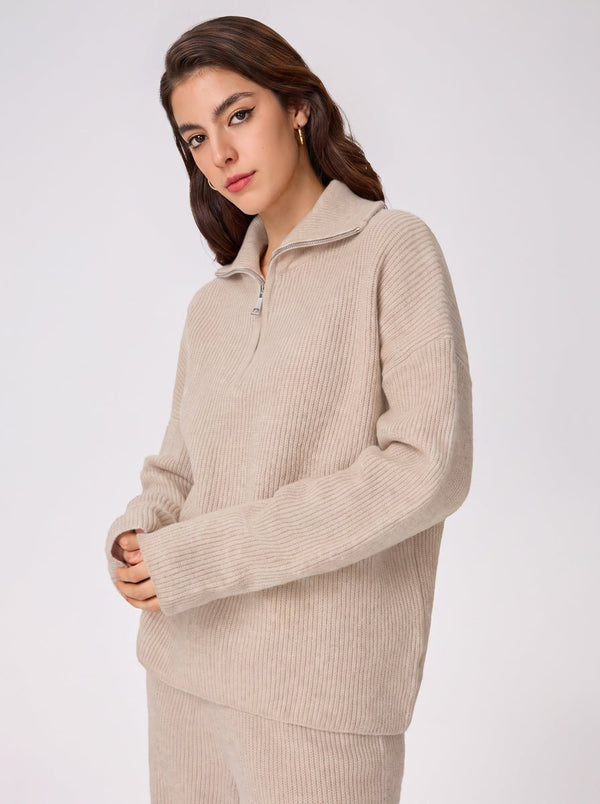 #beige rib knit sweater and pants set