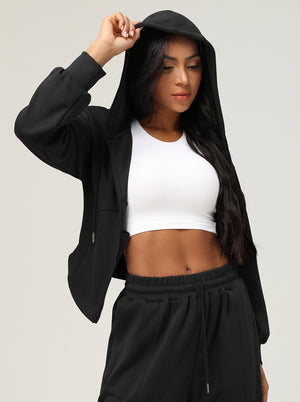 #black Causal Hooded Zip Jacket
