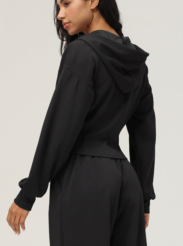 #black Causal Hooded Zip Jacket of side view