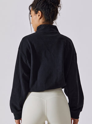 #black Cropped Athletic Fleece Pullover of back view