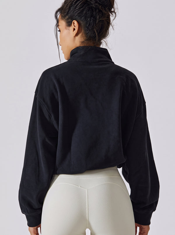 #black Cropped Athletic Fleece Pullover of back view