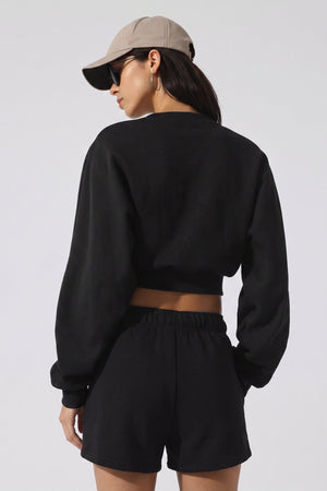#black Cropped Crew Neck Pullover of back view