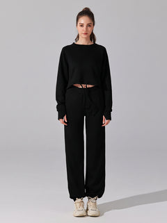 #black Cropped Drawstring Sweat Set