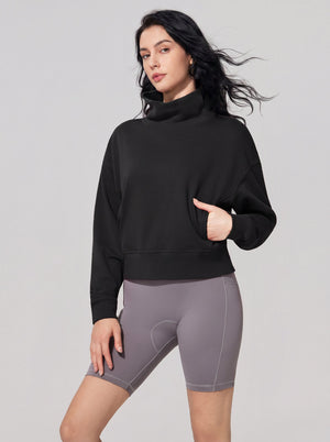 #black Cropped Mock Neck Pullover Sweatshirt