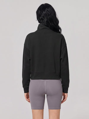 #black Cropped Mock Neck Pullover Sweatshirt of back view