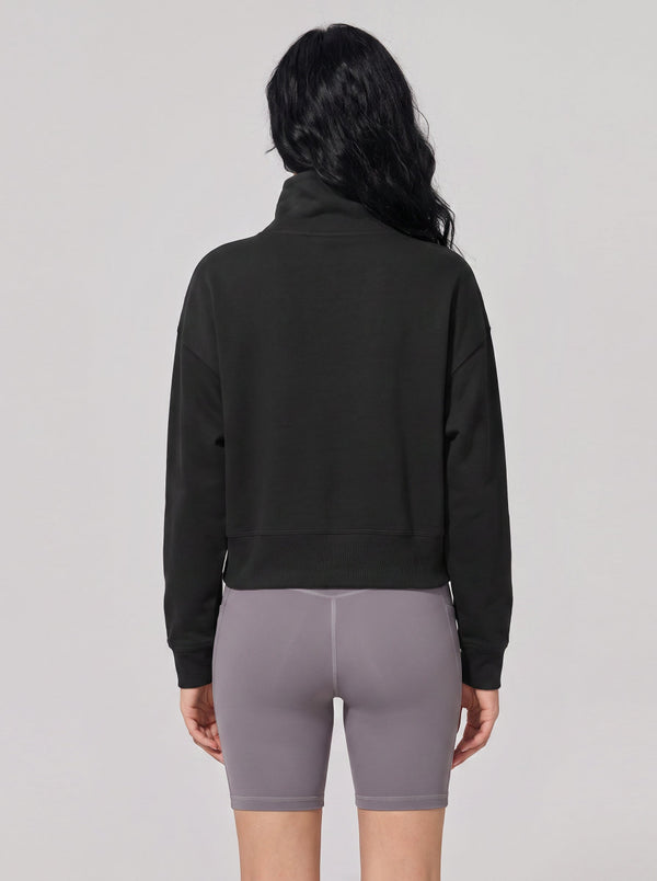 #black Cropped Mock Neck Pullover Sweatshirt of back view