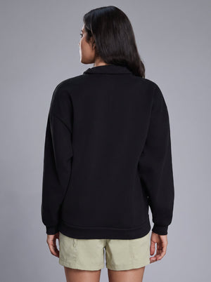 #black Fleece Lined Quarter Zip Pullover of back view