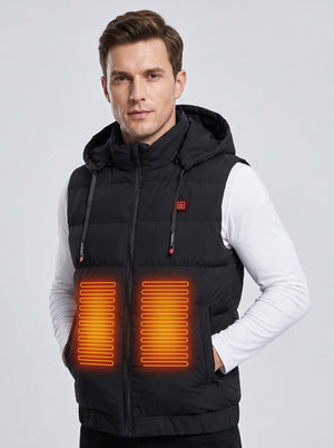 #black Men's Hooded Heated Puffer Vest with 2 heating zones front