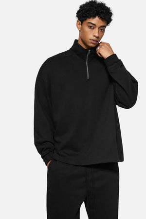 #black Quarter Zip Stand Collar Pullover