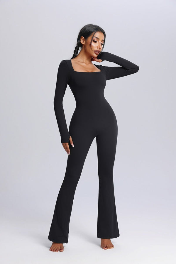 #black Square Neck Flared Yoga Jumpsuit