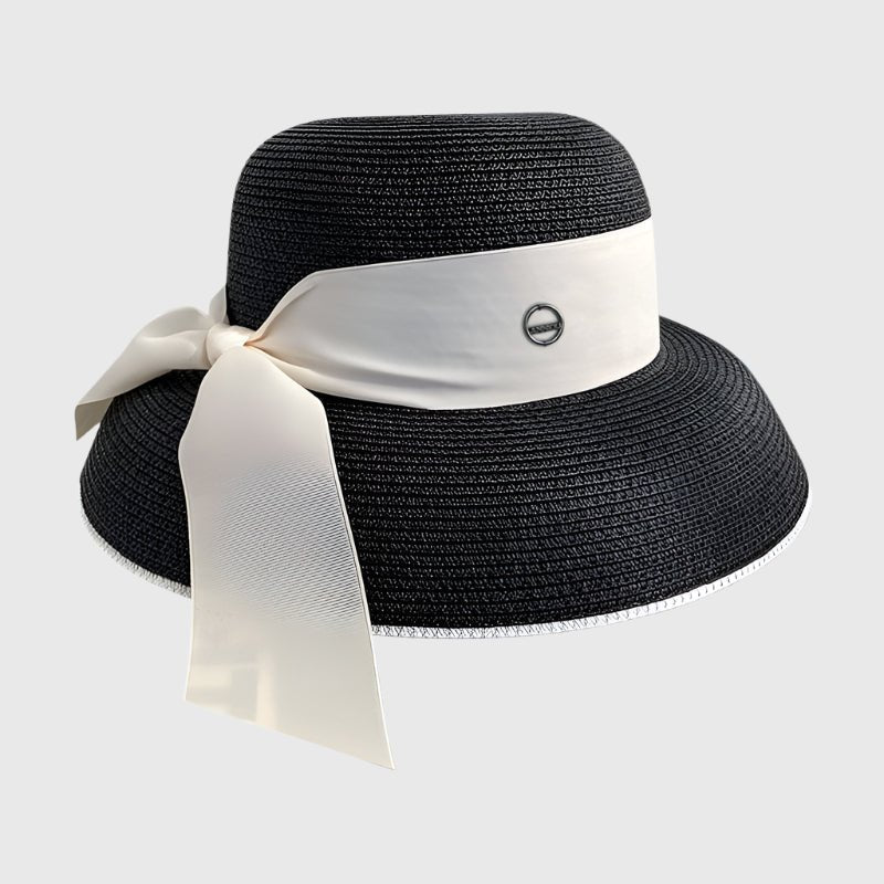 black UPF 50+ bow Straw Hat 