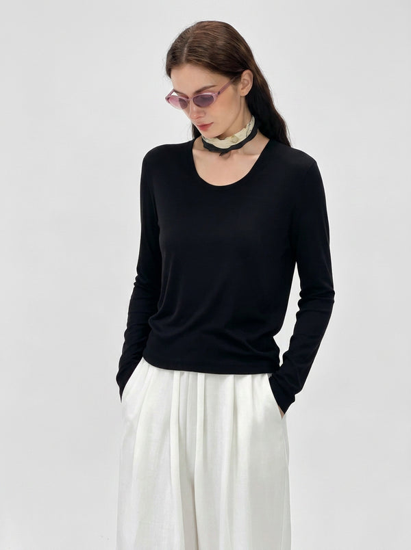 #black U Neck Long Sleeve Top UPF50