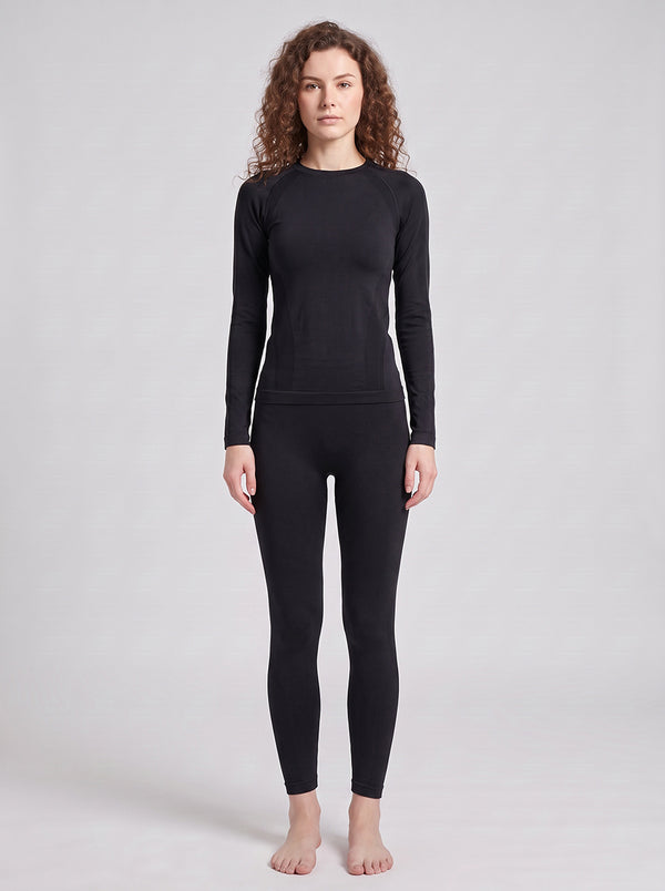 #black Womens Merino Wool Ski Underwear Set