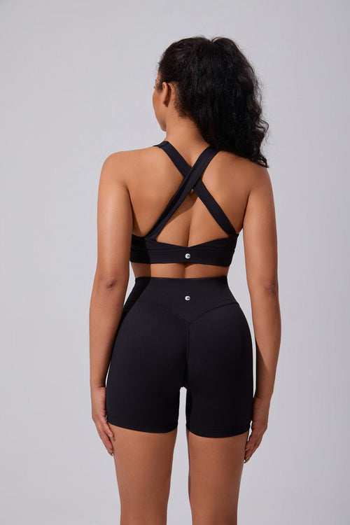 women's #black X-Back Strap Sports Bra and shorts by Anniou